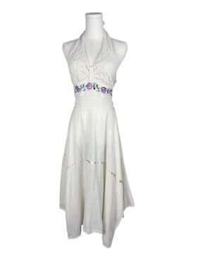 Vintage 70s Linen Blend Floral Embroidered Babydoll Asymmetrical Hem Midi Dress